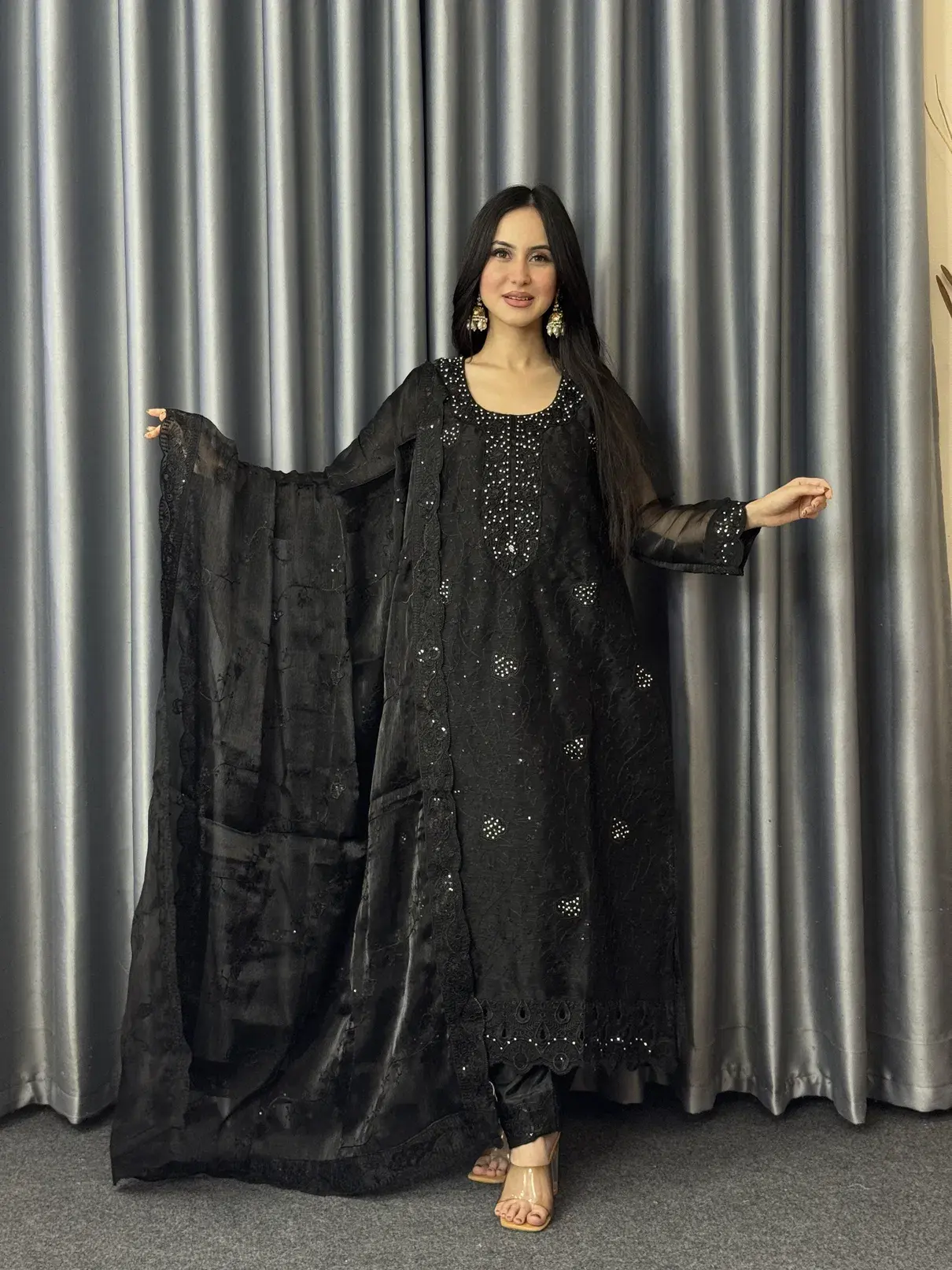 🖤Black Shine 4 Pcs Unstitched Dress