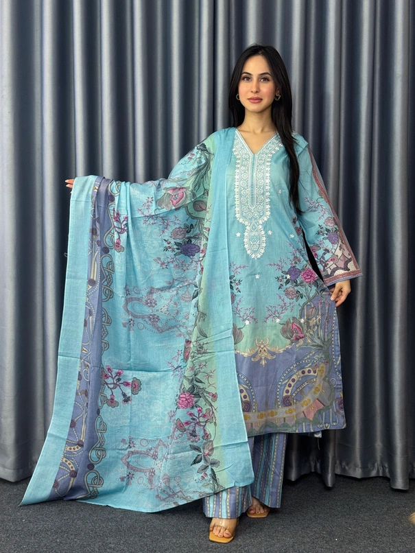 Mehrunnisa – Aqua Unstitched 3-Piece Dress